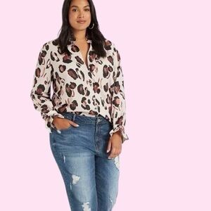 NWT Eloquii ‘Printed Button Down Shirt with Ruffle Neck’ in “Panthera” Size 28